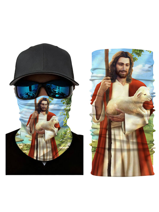 Tube Face Mask with 3D all over print featuring Jesus holding lamb in pastoral landscape, Aesthetic style, unisex breathable fabric for outdoor wear