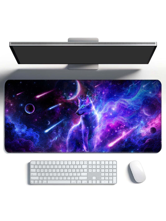 Standing Cosmic Wolf With Planets & Shooting Meteors Desk Mat