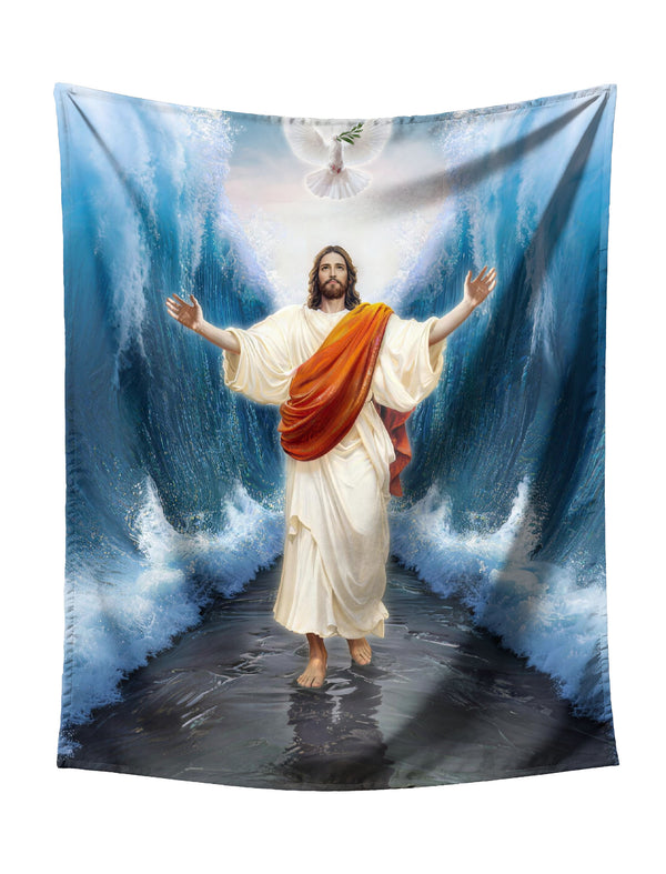 Howling Cosmic Wolf (Purple-Blue Gradient) on Starry Galaxy with Swirling Nebulae Tapestry - Mystical Fantasy Wall Hanging