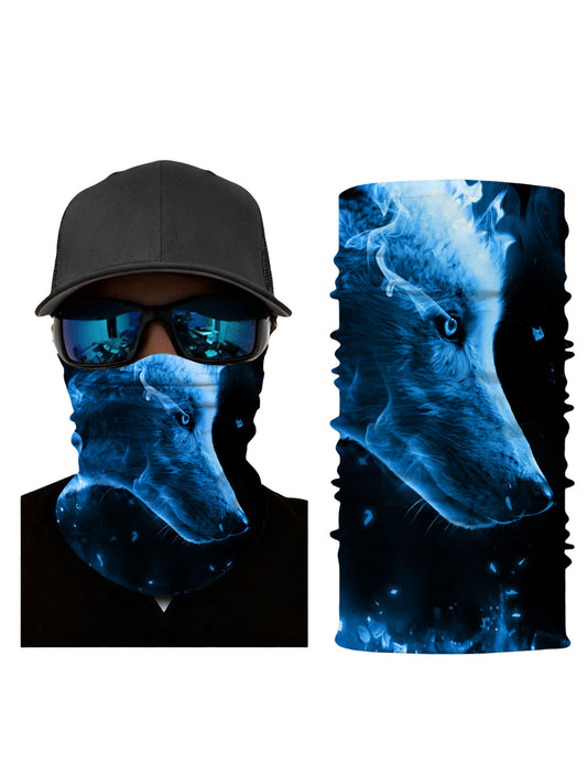 Unisex Tube Face Mask with 3D All Over Print featuring mystical blue wolf and smoke effect, Aesthetic Streetwear design, breathable fabric, windproof for outdoor use