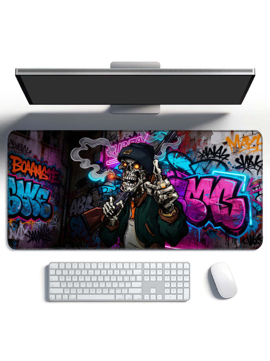 Hip Hop Skull With Cigar & Shotgun In Neon Graffiti City Desk Mat