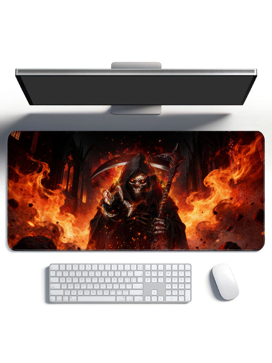 Gothic Cathedral Grim Reaper With Flaming Scythe Large Extended Desk Mat