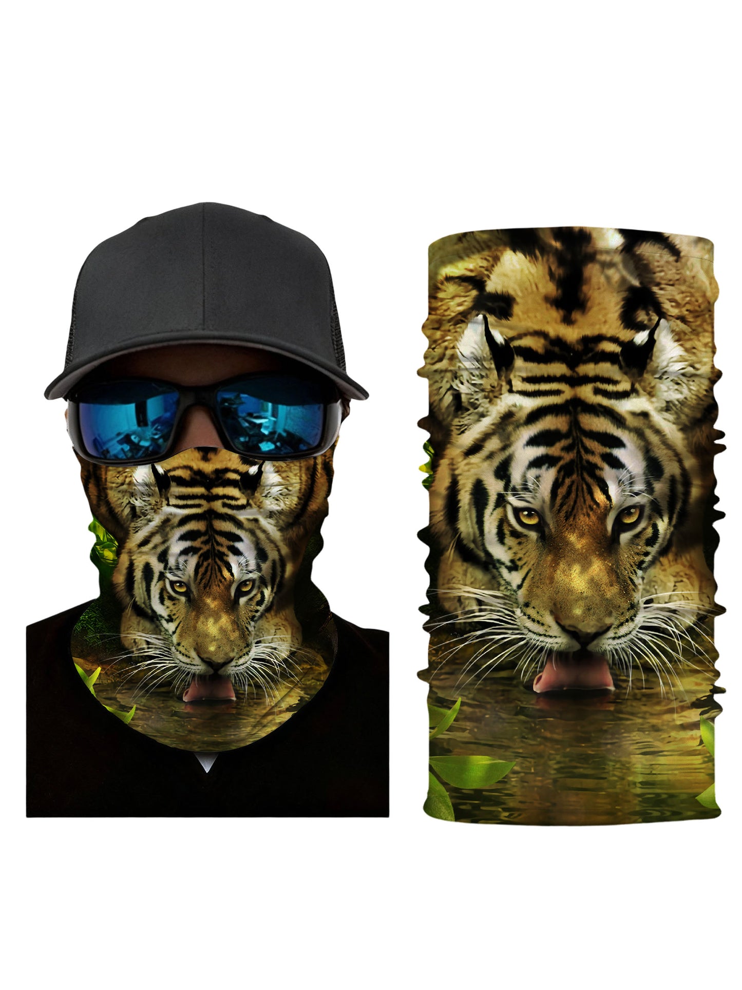 Ferocious Jungle Tiger Drinking Print Riding Neck Gaiter – Breathable UV Protection Face Mask for Motorcyclists & Outdoor Adventurers