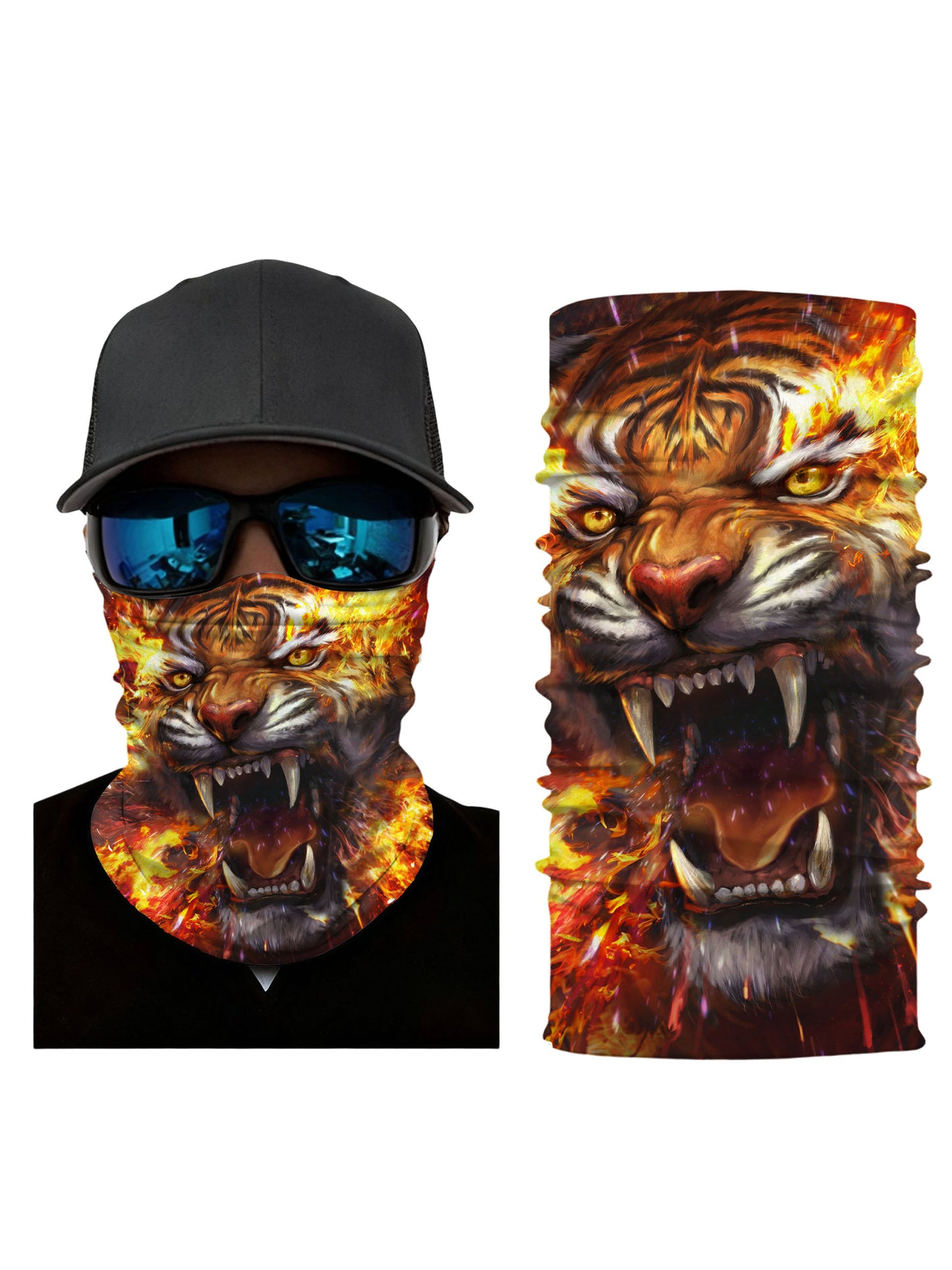 Balaclava with 3D all over print fiery tiger skull, streetwear aesthetic unisex tube face mask, breathable fabric and windproof for outdoor sports