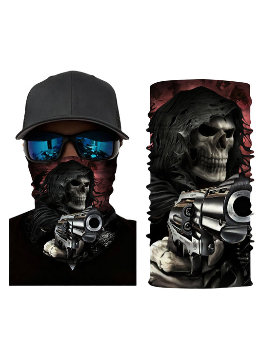 Balaclava with 3D all over print featuring graffiti skull and hooded reaper design, Streetwear aesthetic unisex tube face mask, breathable fabric windproof for outdoor activities