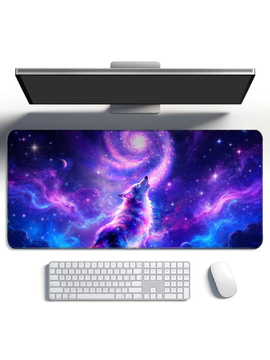 Howling Cosmic Wolf With Spiral Galaxy & Planets Desk Mat