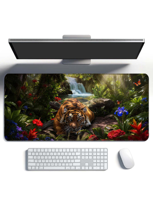 Tiger In Front Of Waterfall In Tropical Rainforest Extended Desk Mat