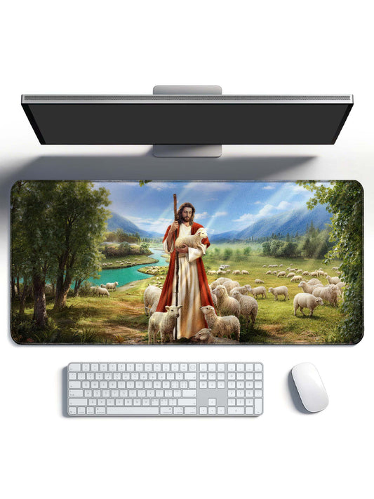 Jesus The Good Shepherd With Flock In Pastoral Landscape Desk Mat
