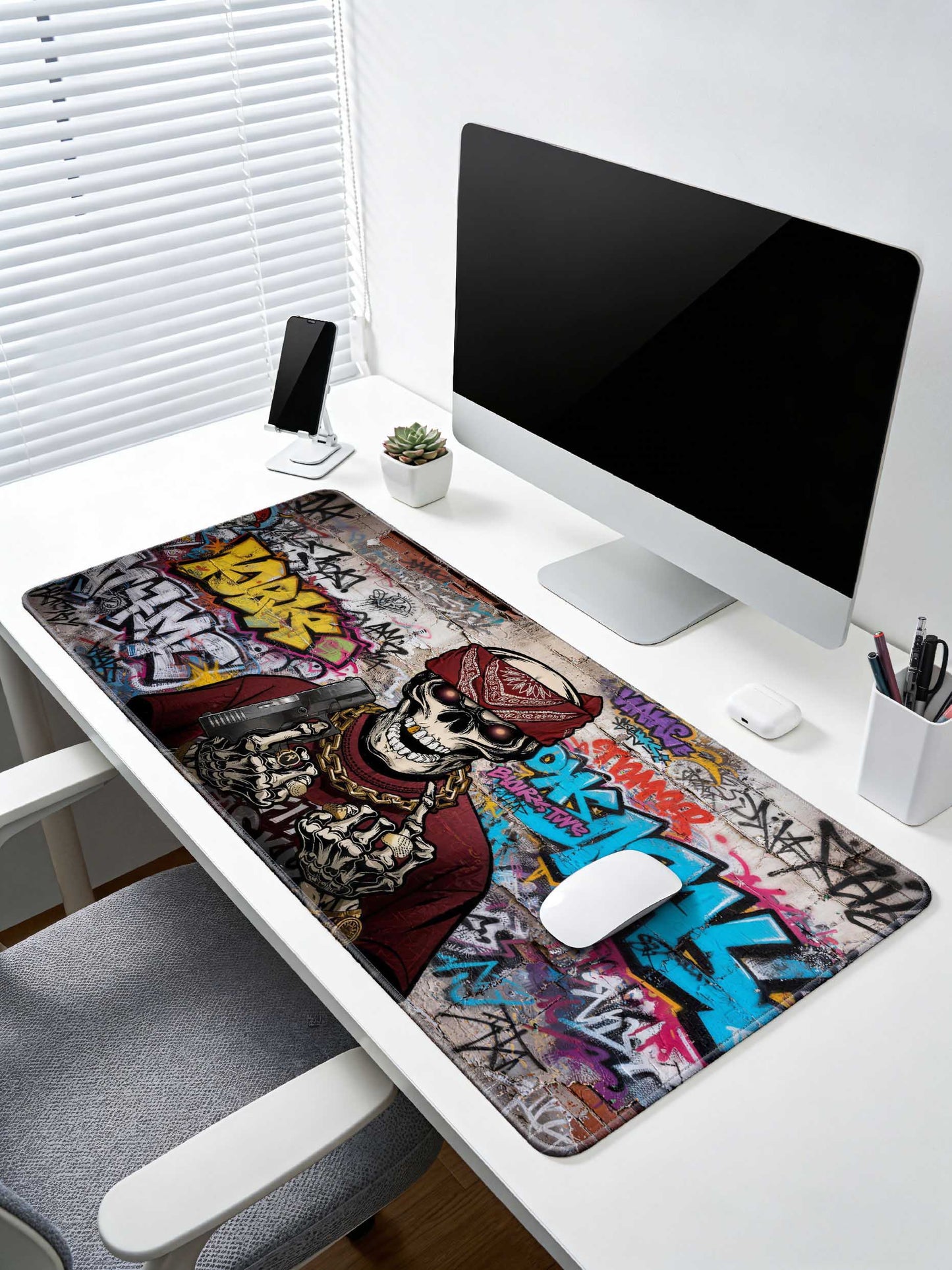 Hip Hop Skull With Bandana & Gun In Graffiti Wall Background Desk Mat