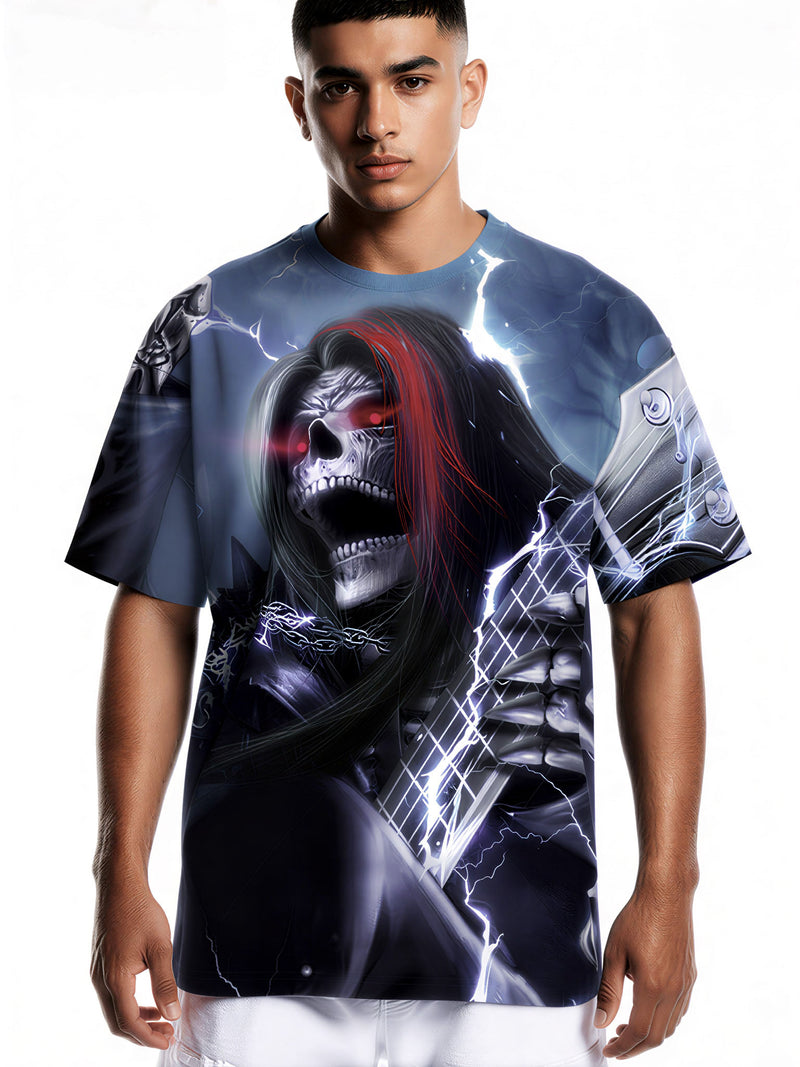 Men Women 3D Guitar Skull All Over Print T-Shirt with Lightning Rock Design