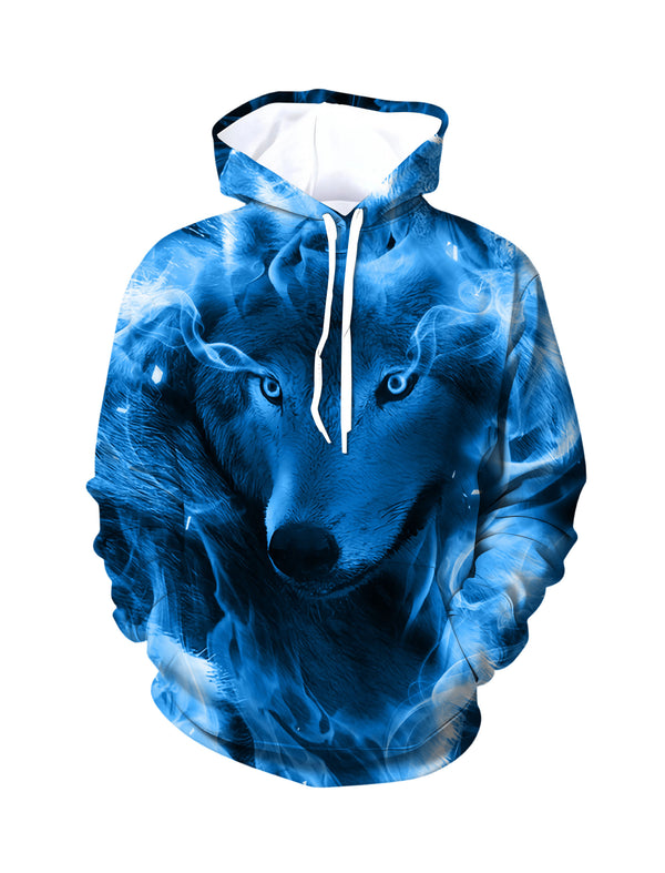 3D All Over Print Wolf Hoodie for Men Women Blue Flame Art Style Pullover Sweatshirt