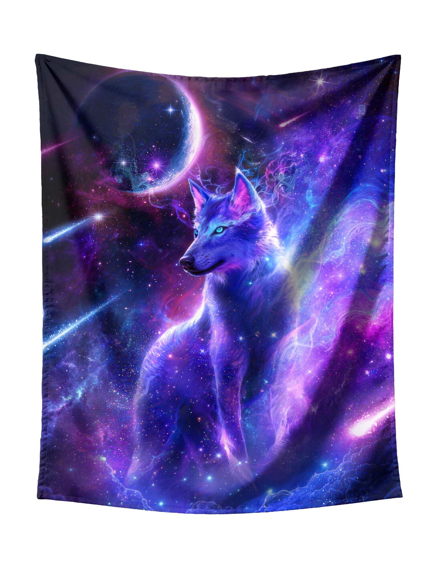 Sitting Cosmic Wolf with Blue-Purple Gradient on Starry Galaxy, Planets & Shooting Stars Tapestry - Mystical Fantasy Wall Hanging for Bold Home Decor