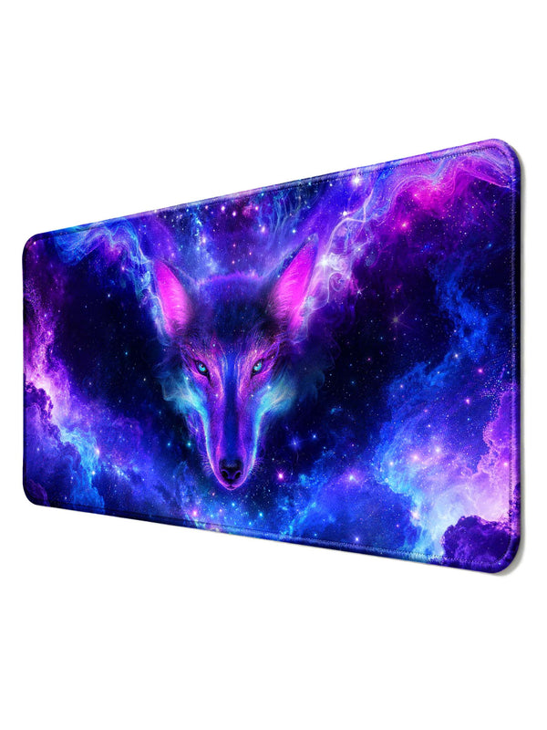 Front Facing Cosmic Wolf With Nebula & Glowing Eyes Desk Mat