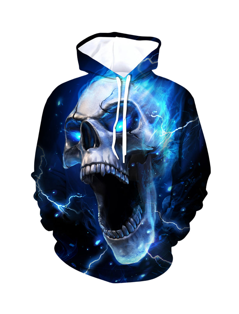 Vibrant Blue Flame Skull Hoodie Unisex Gothic Fashion Statement
