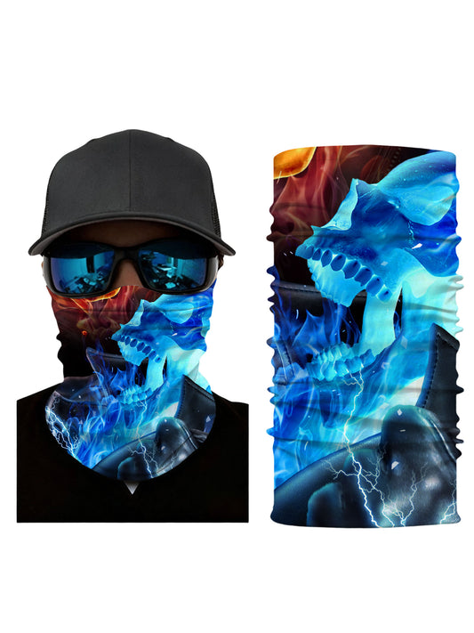 Tube Face Mask with 3D all over print graffiti skull design in electric blue flame and lightning, Streetwear unisex breathable fabric for outdoor sports and urban fashion