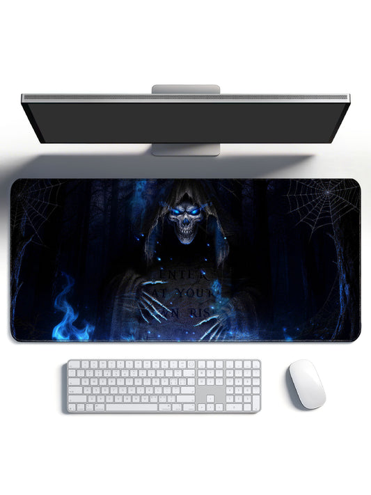 Grim Reaper In Dark Forest With Cobwebs & Blue Flames Desk Mat