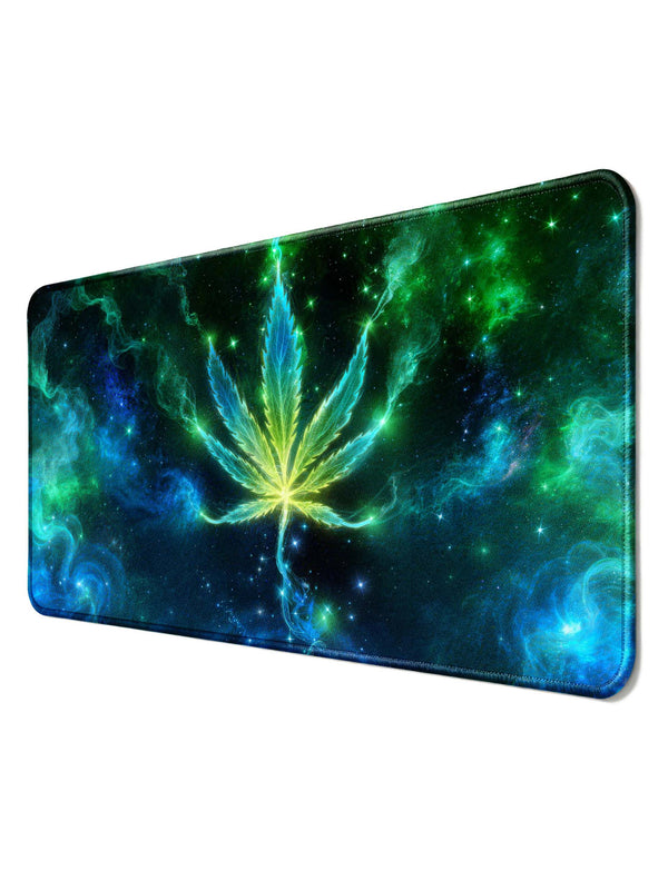 Glowing Cannabis Leaf In Cosmic Nebula Gaming Desk Mat
