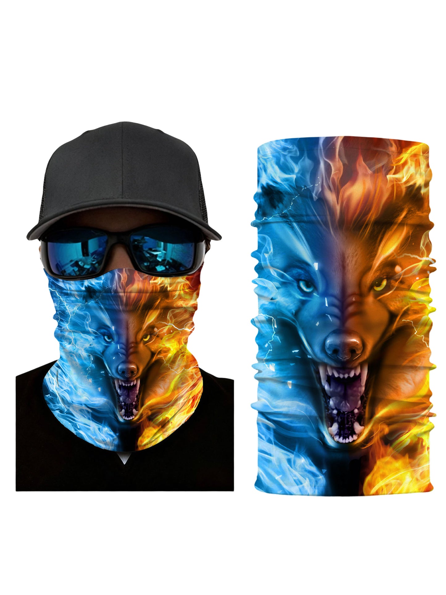 Unisex 3D Cosmic Wolf Neck Gaiter – Electric Blue & Fire Orange Streetwear Mask