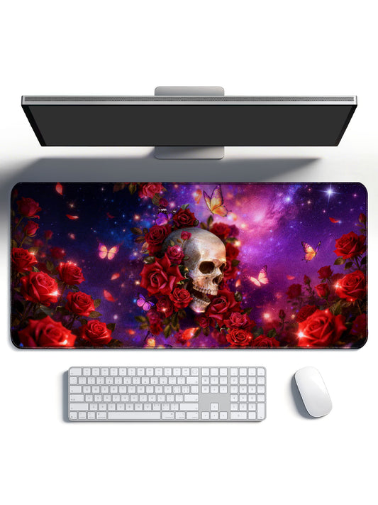 Skull Surrounded By Red Roses & Butterflies In Purple Galaxy Desk Mat
