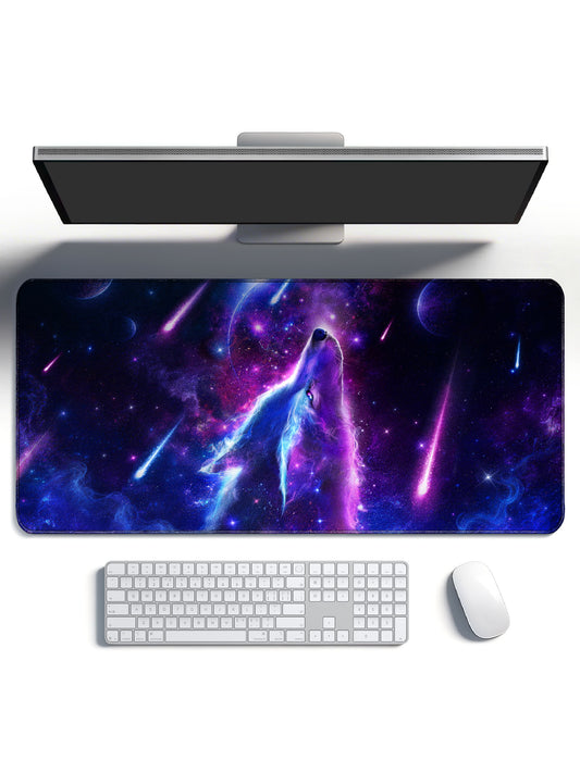 Howling Cosmic Wolf With Shooting Meteors & Planets Desk Mat