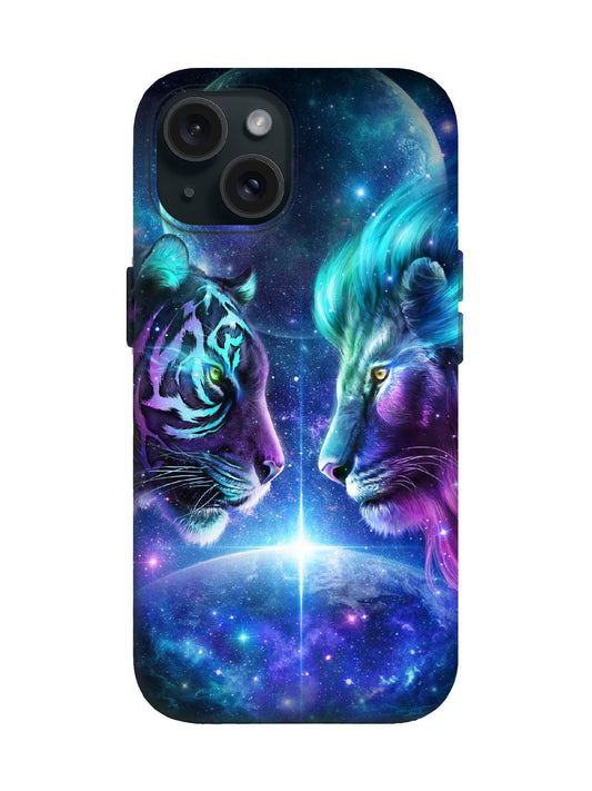 Cosmic Tiger and Lion Face-Off Cyberpunk Protective Phone Case