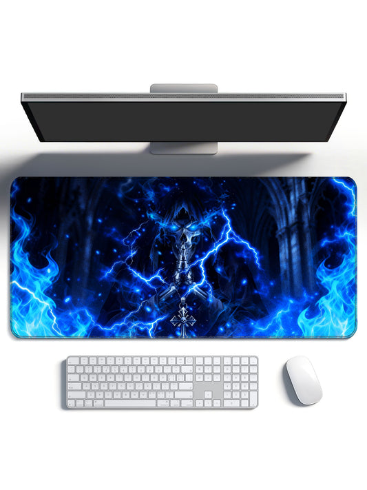 Grim Reaper Praying With Cross & Blue Flames In Gothic Cathedral Desk Mat