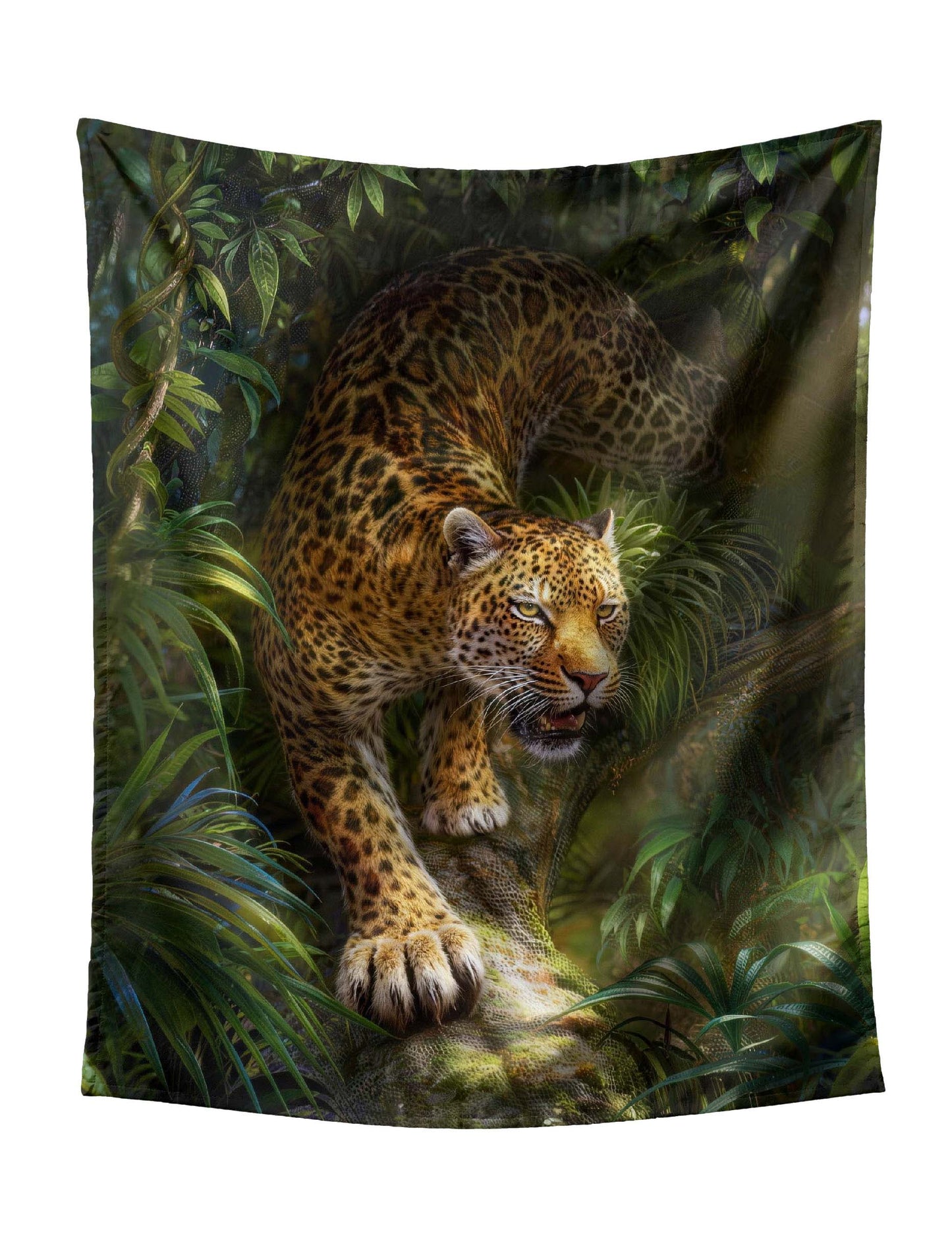 Leopard Prowling Forward In Dense Tropical Jungle Tapestry - Exotic Wildlife Wall Hanging with Lush Foliage for Bold Home Decor