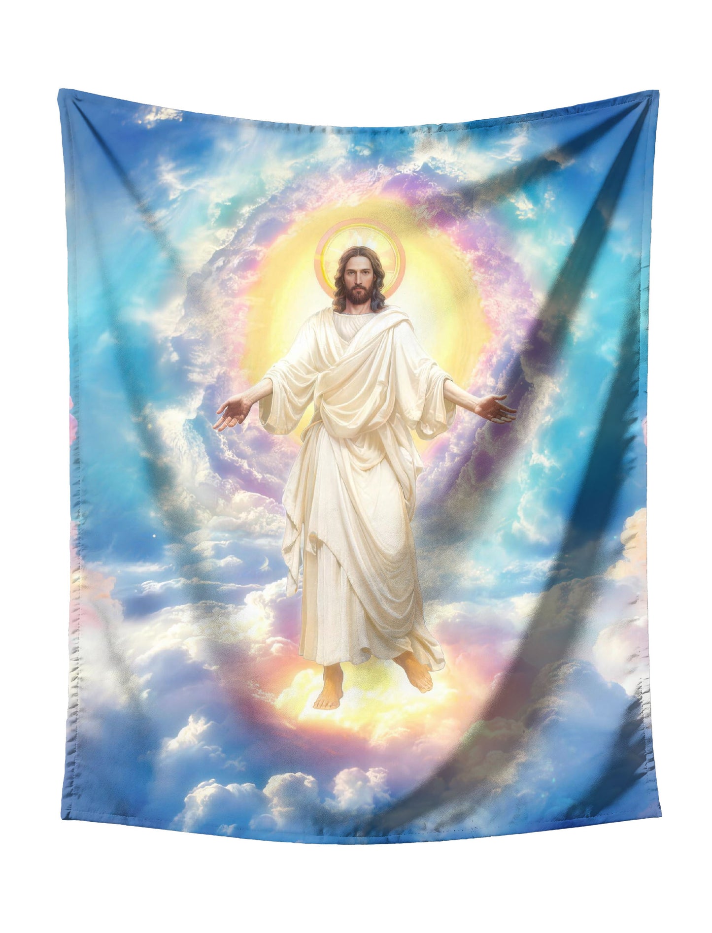 Cosmic Wolf (Blue-Purple Gradient) with Purple Planet on Starry Galaxy Tapestry - Mystical Fantasy Wall Hanging