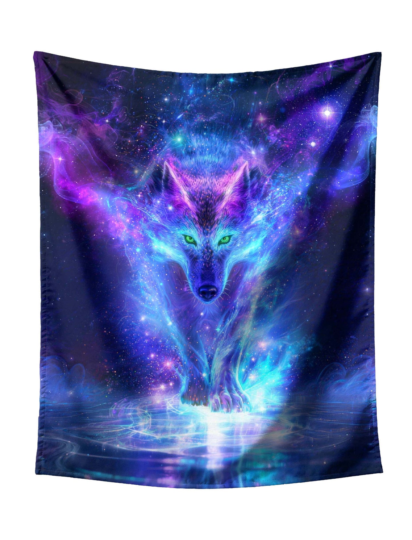 Walking Cosmic Wolf with Green-Blue Gradient on Starry Galaxy & Water Reflection Tapestry - Mystical Fantasy Wall Hanging for Bold Home Decor