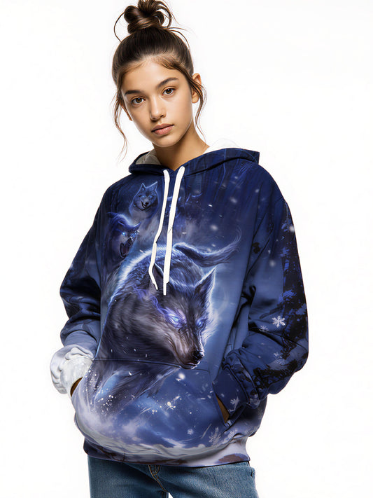Unisex 3D All Over Print Hoodie Glowing Wolves Snowy Forest Aesthetic Streetwear Cotton Blend