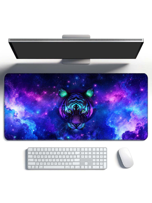 Front Facing Cosmic Tiger With Swirling Nebula Desk Mat