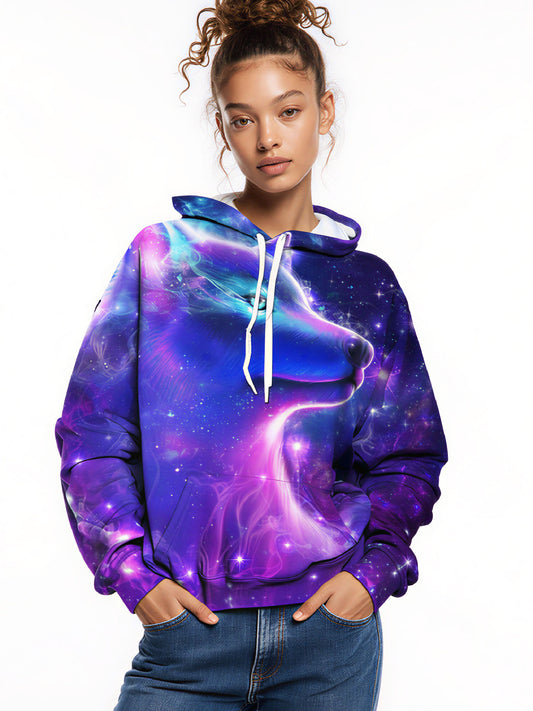 Galaxy Wolf Silhouette 3D Print Hoodie | Oversized Space Graphic Pullover