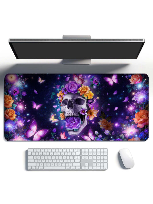 Skull With Floral Crown & Butterflies In Cosmic Starry Sky Desk Mat