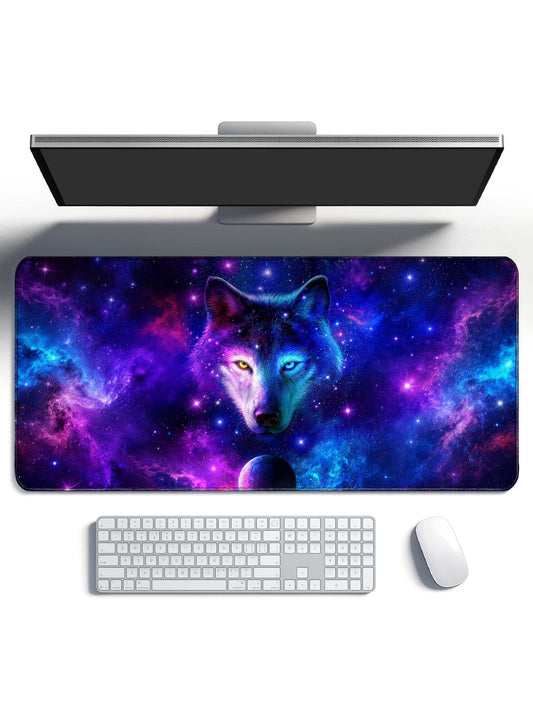 Cosmic Wolf With Dual Colored Eyes & Nebula Desk Mat