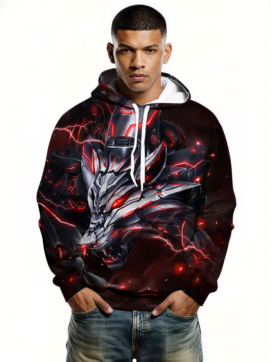 3D Cyber Wolf with Neon Red Lightning All Over Print Design Hoodie For Men Women