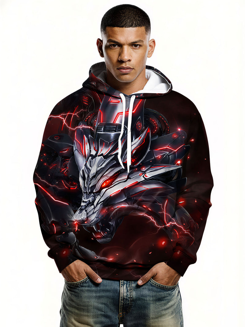 3D Cyber Wolf with Neon Red Lightning All Over Print Design Hoodie For Men Women