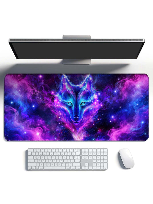 Front Facing Cosmic Wolf With Swirling Purple-Blue Nebula Desk Mat