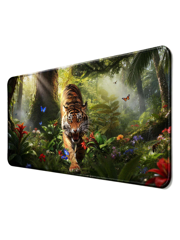 Tiger Charging Through Tropical Rainforest Extended Desk Mat