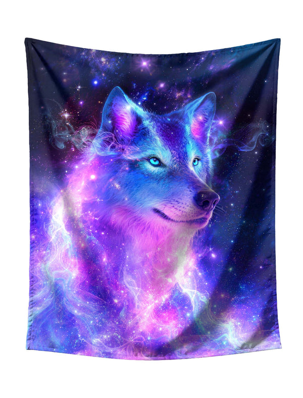 Side-Profile Cosmic Wolf (Purple-Blue Gradient) on Starry Galaxy with Shooting Stars & Planets Tapestry - Mystical Fantasy Wall Hanging for Bold Home Decor