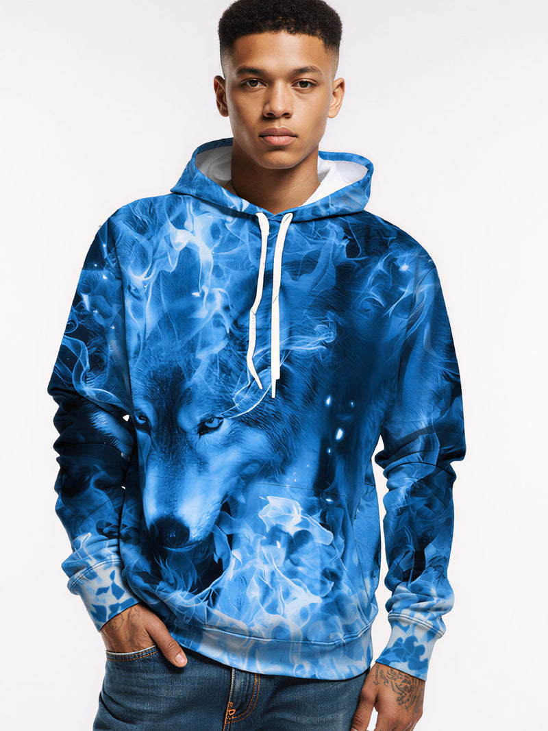 3D Print Blue Flame Wolf Head Hoodie Unisex Loose Fit Streetwear Sweatshirt