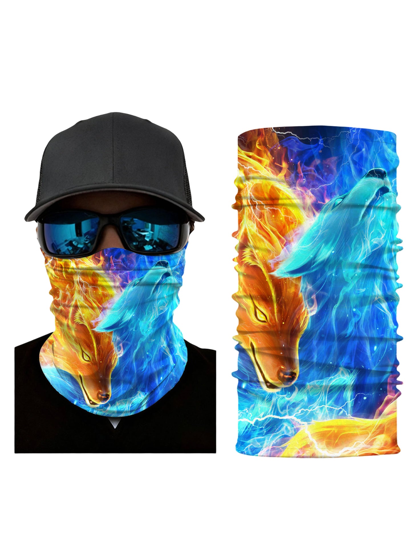 Unisex 3D Ice & Fire Wolf Neck Gaiter – Cosmic Lightning Aesthetic, Breathable for Outdoor Wear