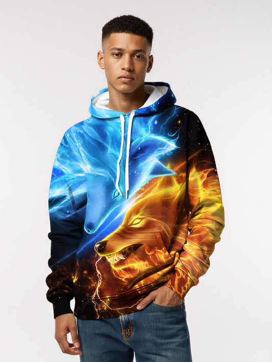 Unisex 3D All Over Print Hoodie Fire Ice Wolf Design Aesthetic Streetwear Soft Comfortable Cotton Blend