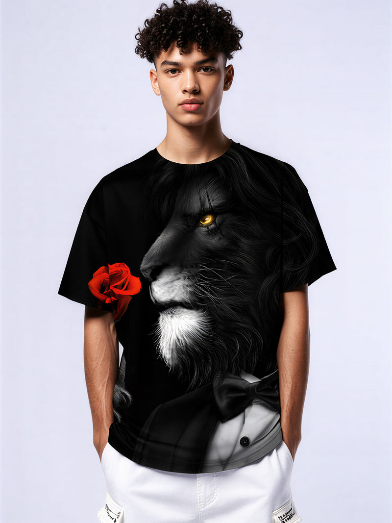 Lion in Suit with Red Rose 3D All Over Print T-Shirt for Men Women