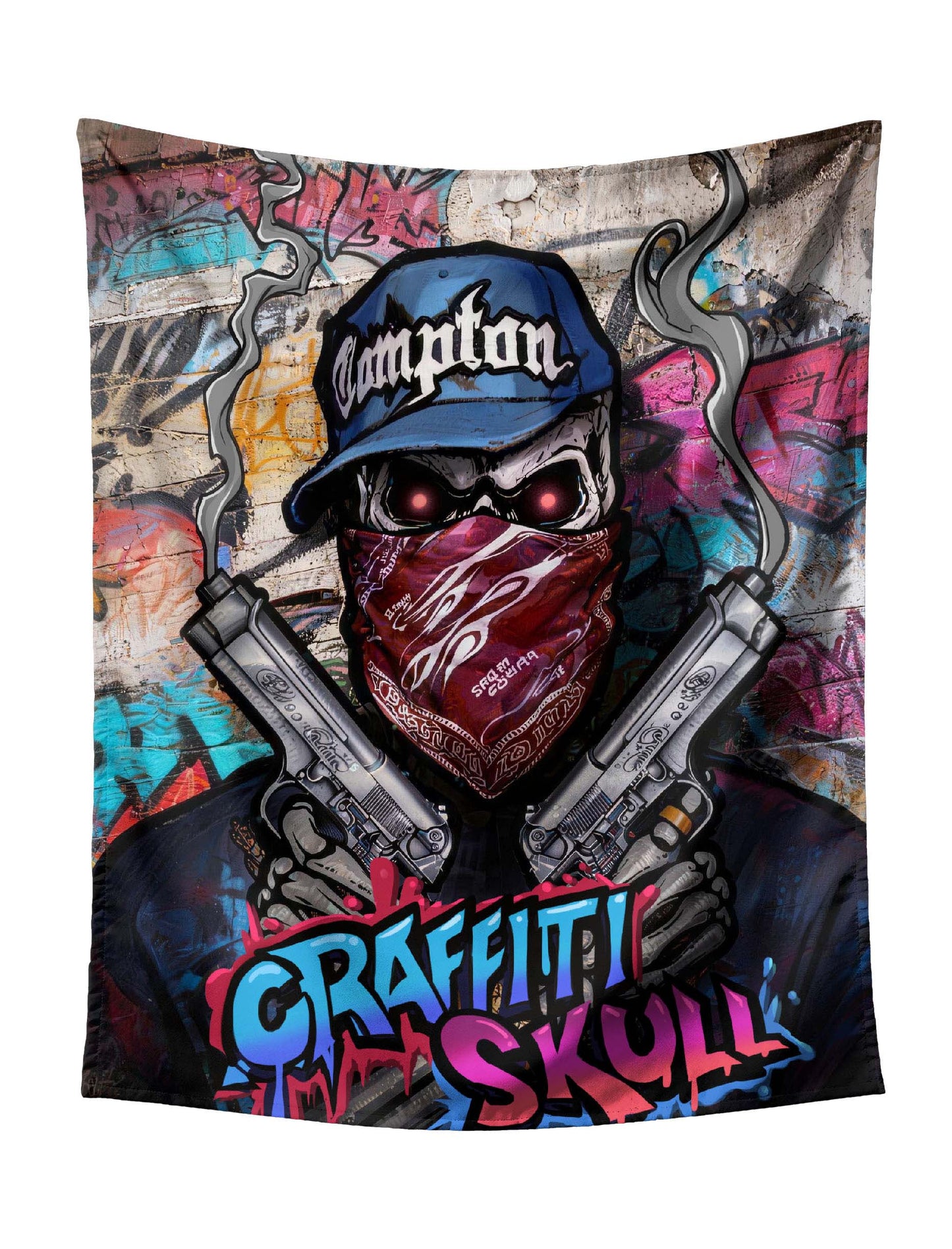 Gangster Skull with "Compton" Cap, Red Bandana & Dual Pistols on Graffiti Wall Tapestry - Edgy Hip-Hop Wall Hanging for Bold Home Decor