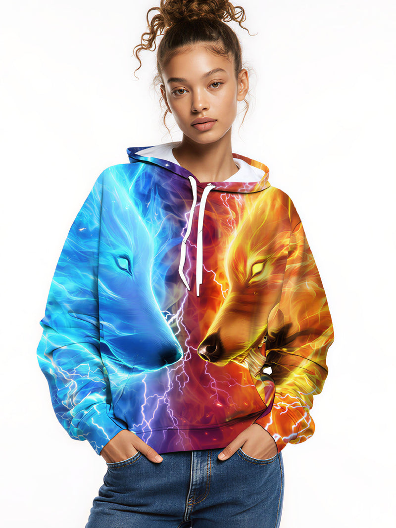 Unisex 3D All Over Print Hoodie Fire and Ice Wolf Design Soft Cotton Blend Streetwear