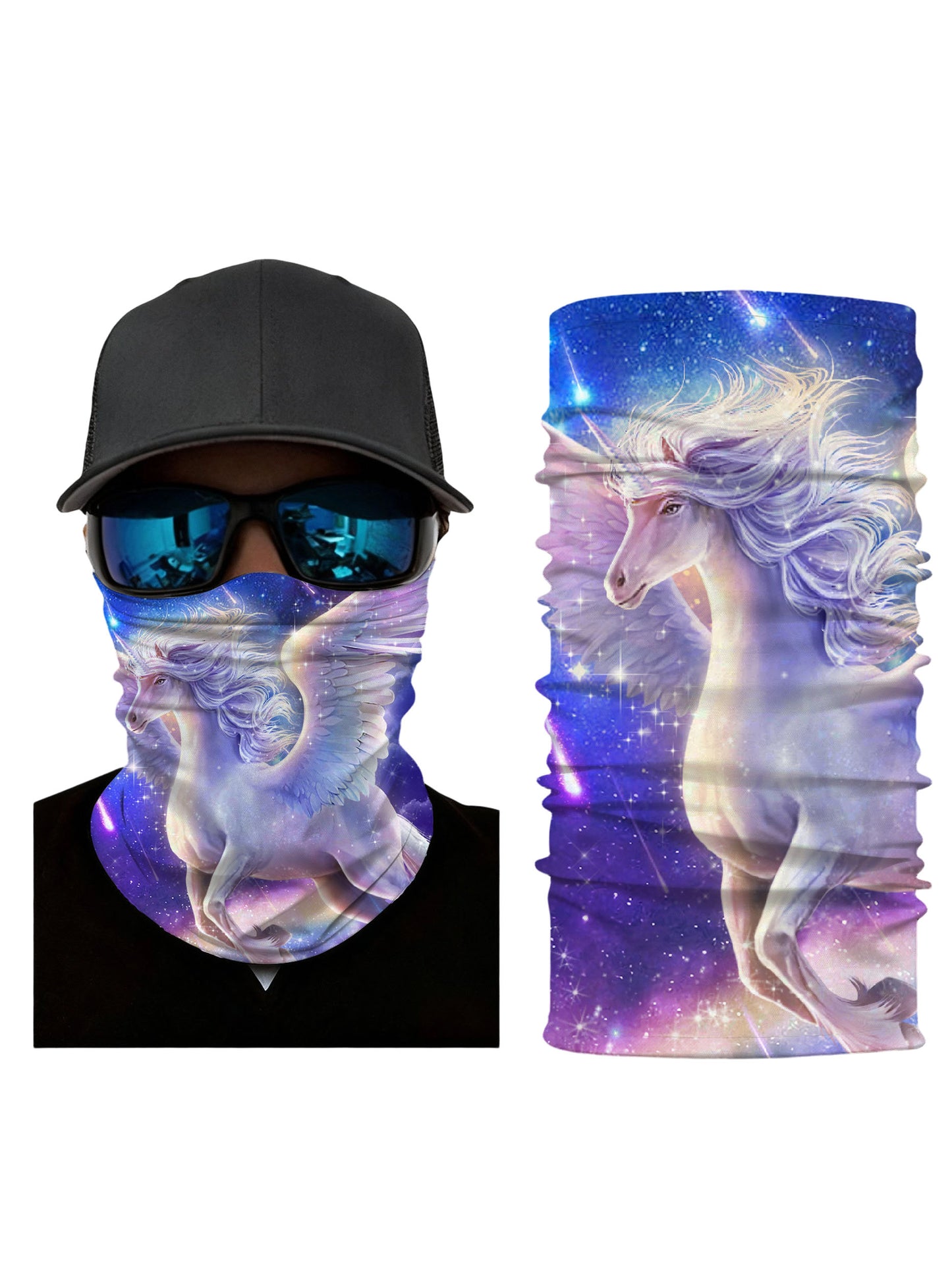 Unisex Neck Gaiter with 3D all over print featuring galaxy nebula and winged unicorn, Aesthetic style, breathable fabric, soft stretchy, UV protection