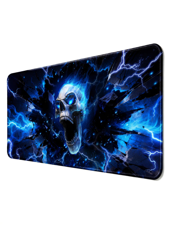Blue Flame Skull Breaking Through Shattered Glass Desk Mat