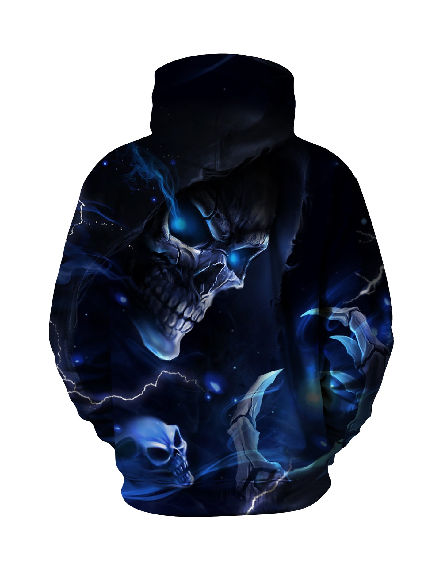 Men Women 3D All Over Print Skull Hoodie with Blue Lightning Glow Effect