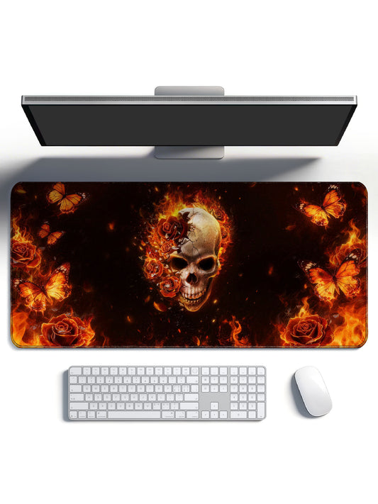 Skull With Flaming Roses And Butterflies Extended Desk Mat