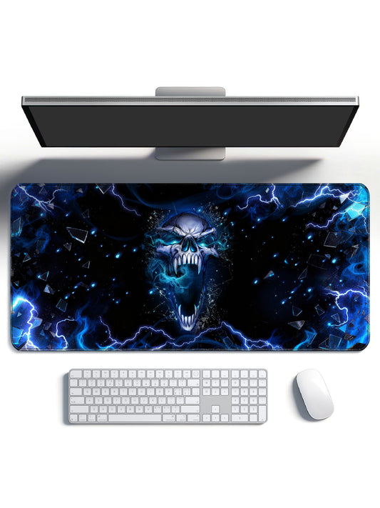 Blue Flame Skull Roaring With Shattered Glass & Lightning Desk Mat